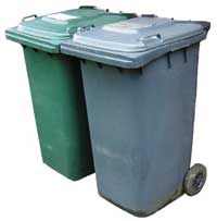 Green wheelie bin and blue wheelie bin
