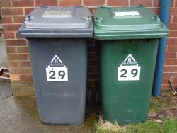 A blue-grey wheelie bin and a green wheelie bin