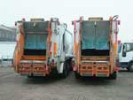 Rear view of two bin lorries